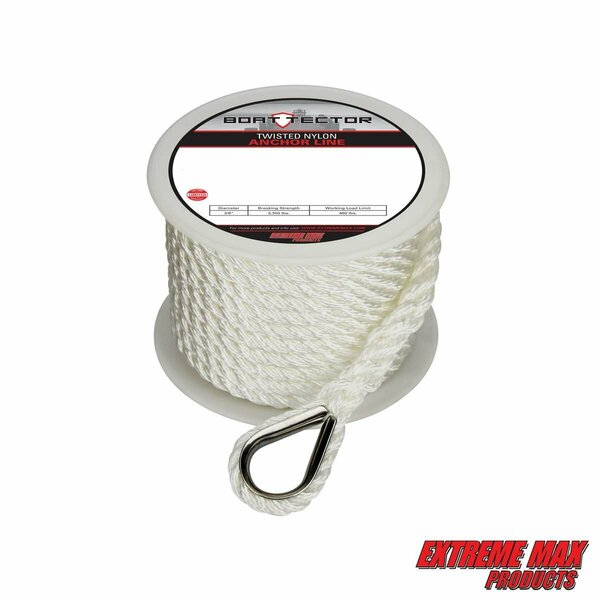 Extreme Max Extreme Max 3006.2075 BoatTector Twisted Nylon Anchor Line with Thimble - 3/8" x 50', White 3006.2075